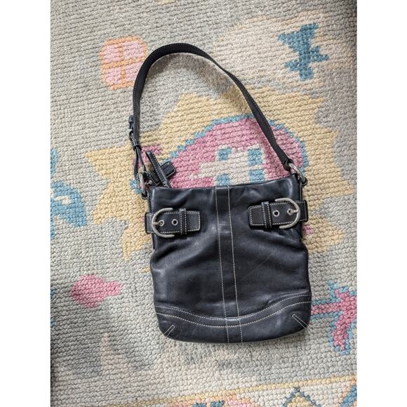Vintage Coach Black Leather Handbag / Shoulder Bag w/ Silver Hardware - Picture 1 of 4